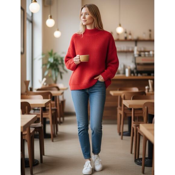 GAP Shaker Stitch Turtleneck Sweater Red Fisherman Chunky Knit Sz Large Holiday - Picture 1 of 12